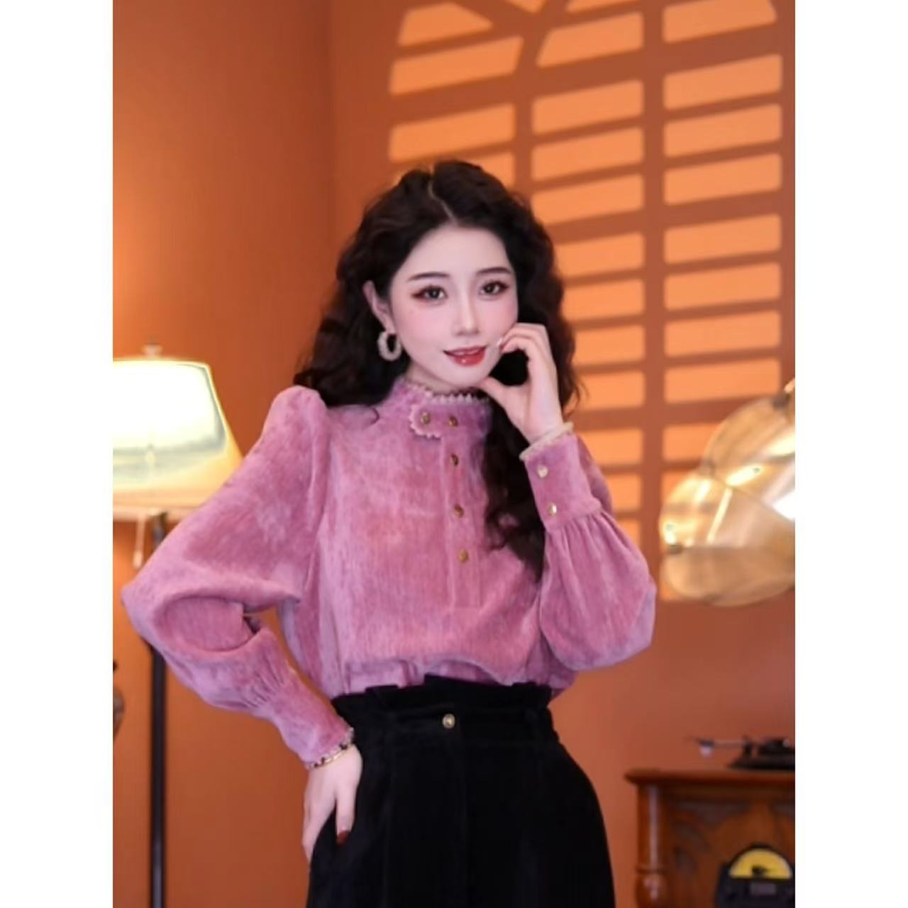 蒋肉肉【粉雾町】复古港味设计感秋冬款气质长袖上衣01253