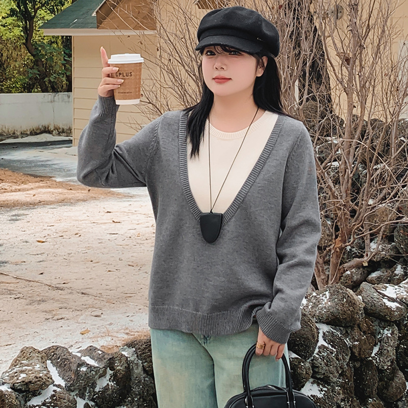 大码女装撞色假两件上衣女宽松慵懒感毛衣2024冬胖mm针织衫22811