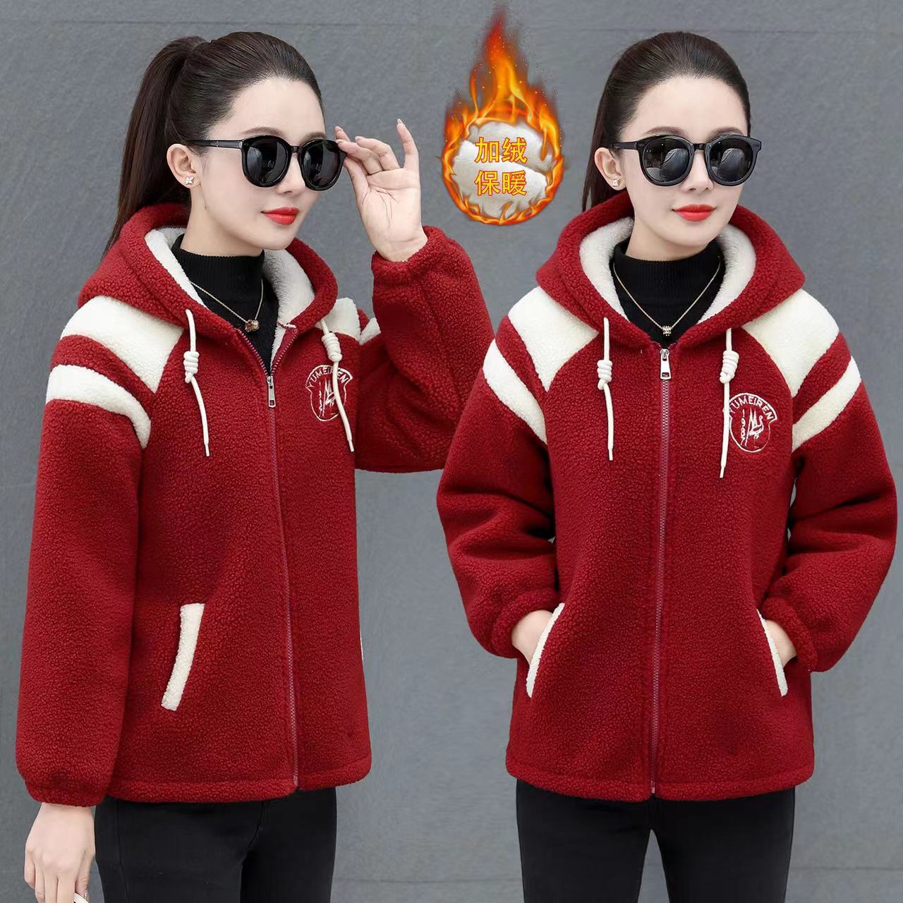 2025秋冬季新款连帽肩膀拼色加绒加厚撞色拼接韩版大码外套