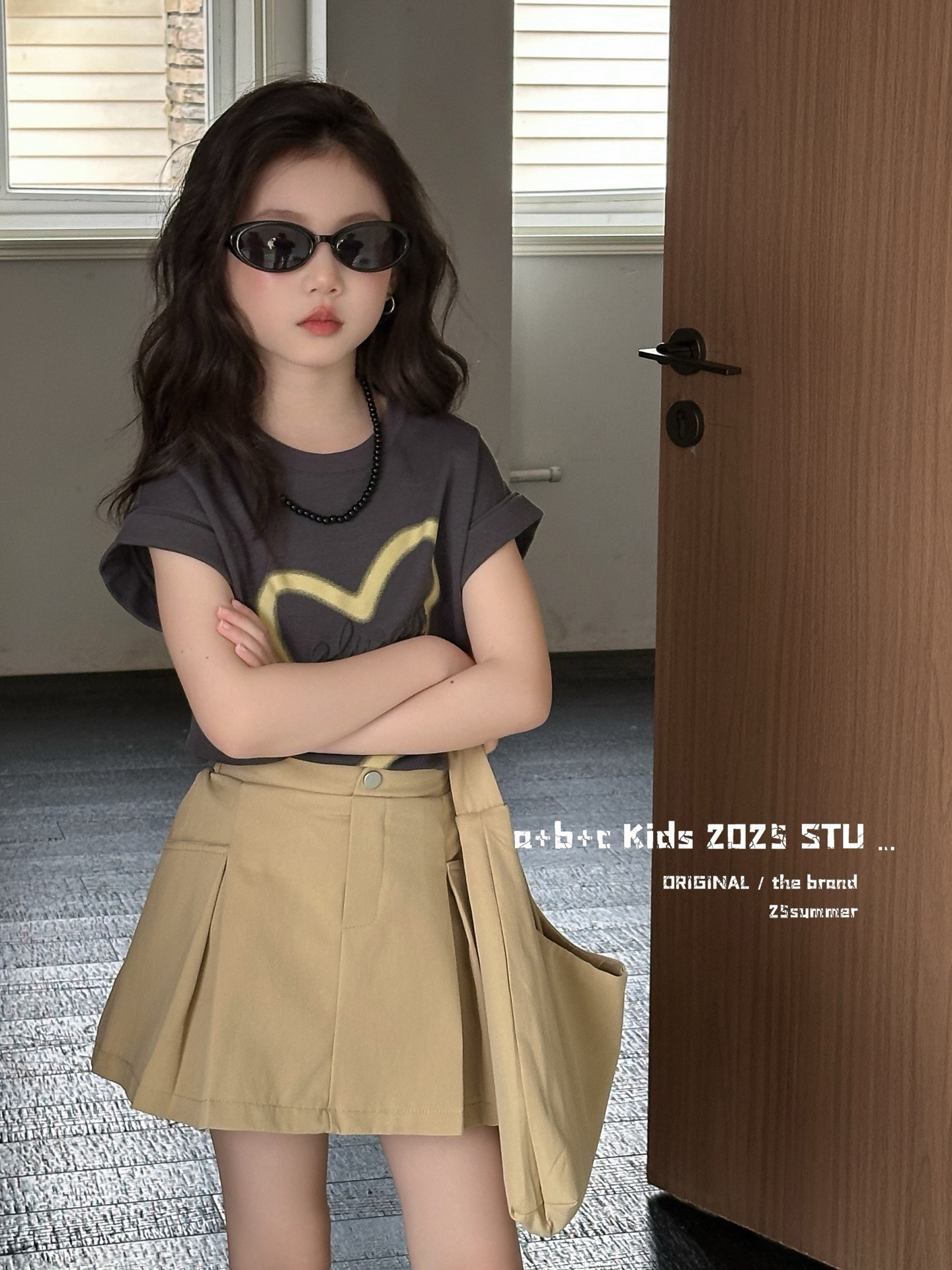 女童爱心字母短袖百褶裤裙套装洋气舒适童装夏季新款