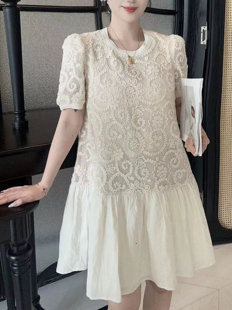 DD-289966圆领蕾丝拼接短袖连衣裙