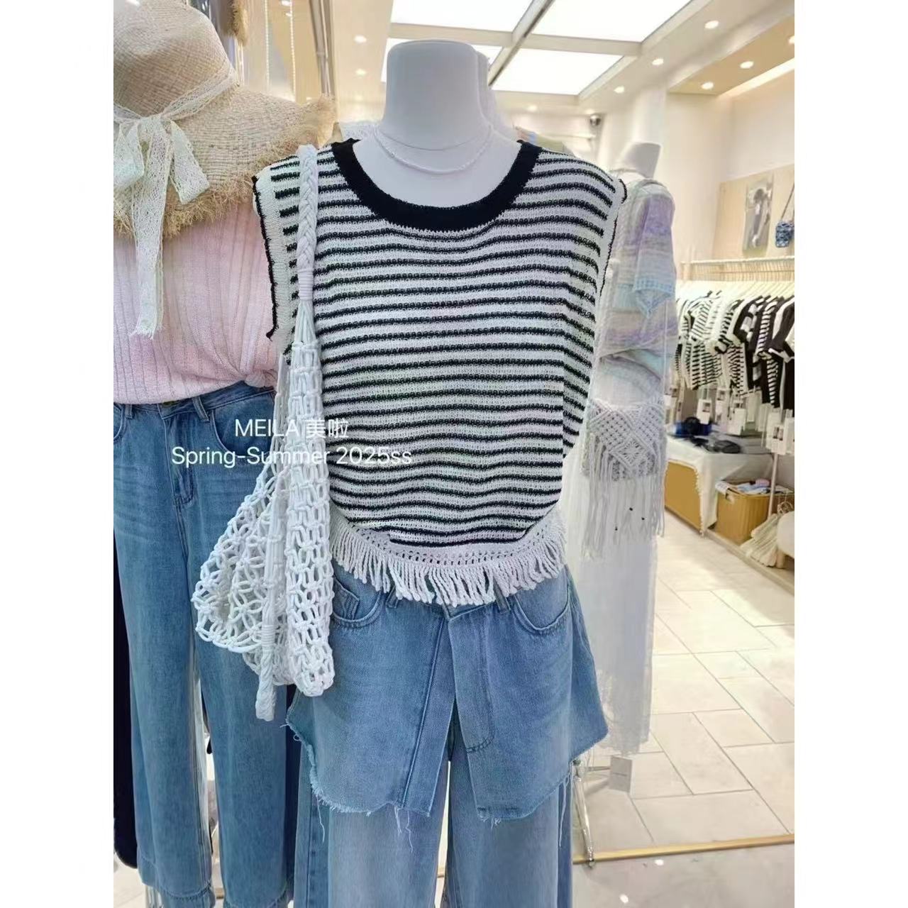 【黑白条】无袖短款夏季宽松型条纹毛针织衫不褪色修身型圆领套头款