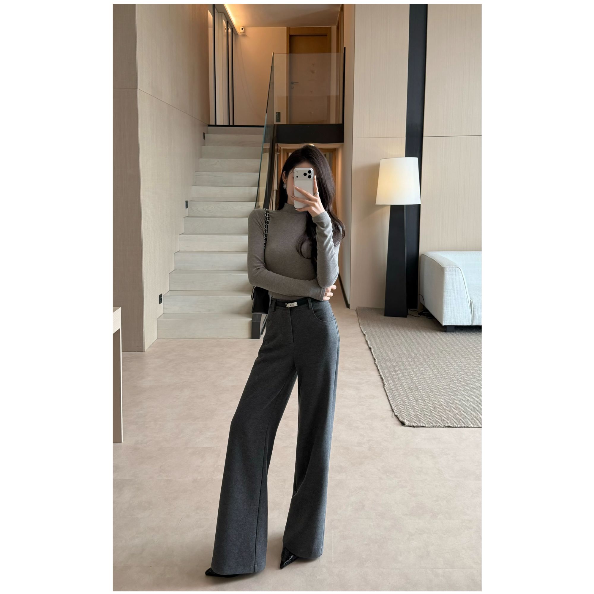 MEINA【棱镜密语】秋冬羊毛醋酸灰色高级感直筒阔腿百搭气质休闲裤