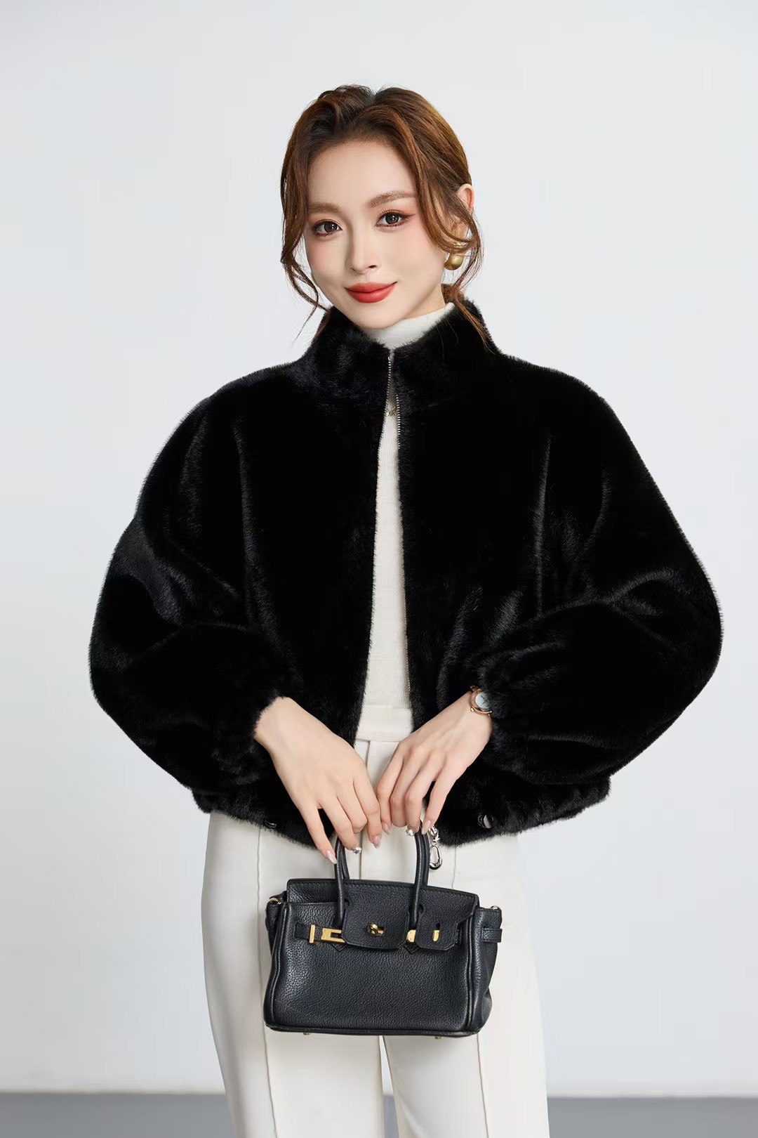 人造皮草 505 立领保暖短外套黑色开衫外套开衫冬季小香风百搭