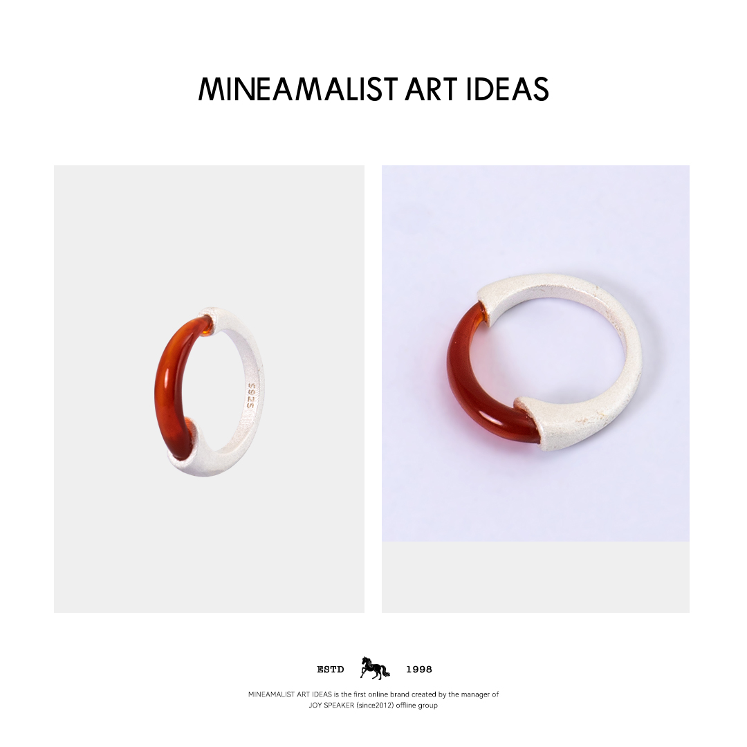 925银戒指 MINEAMALIST ART IDEAS红麻脑烧白银戒指3418M