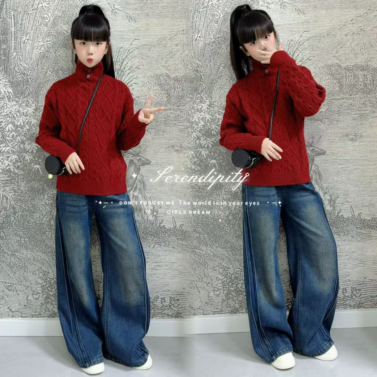 女童毛衣秋冬大儿童装高领加厚红色毛线衣女孩冬季时尚百搭针织衫