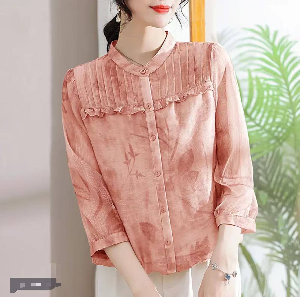 【QX473】年轻镂空木耳边七分袖衬衫春夏新款宽松减龄提花小衫