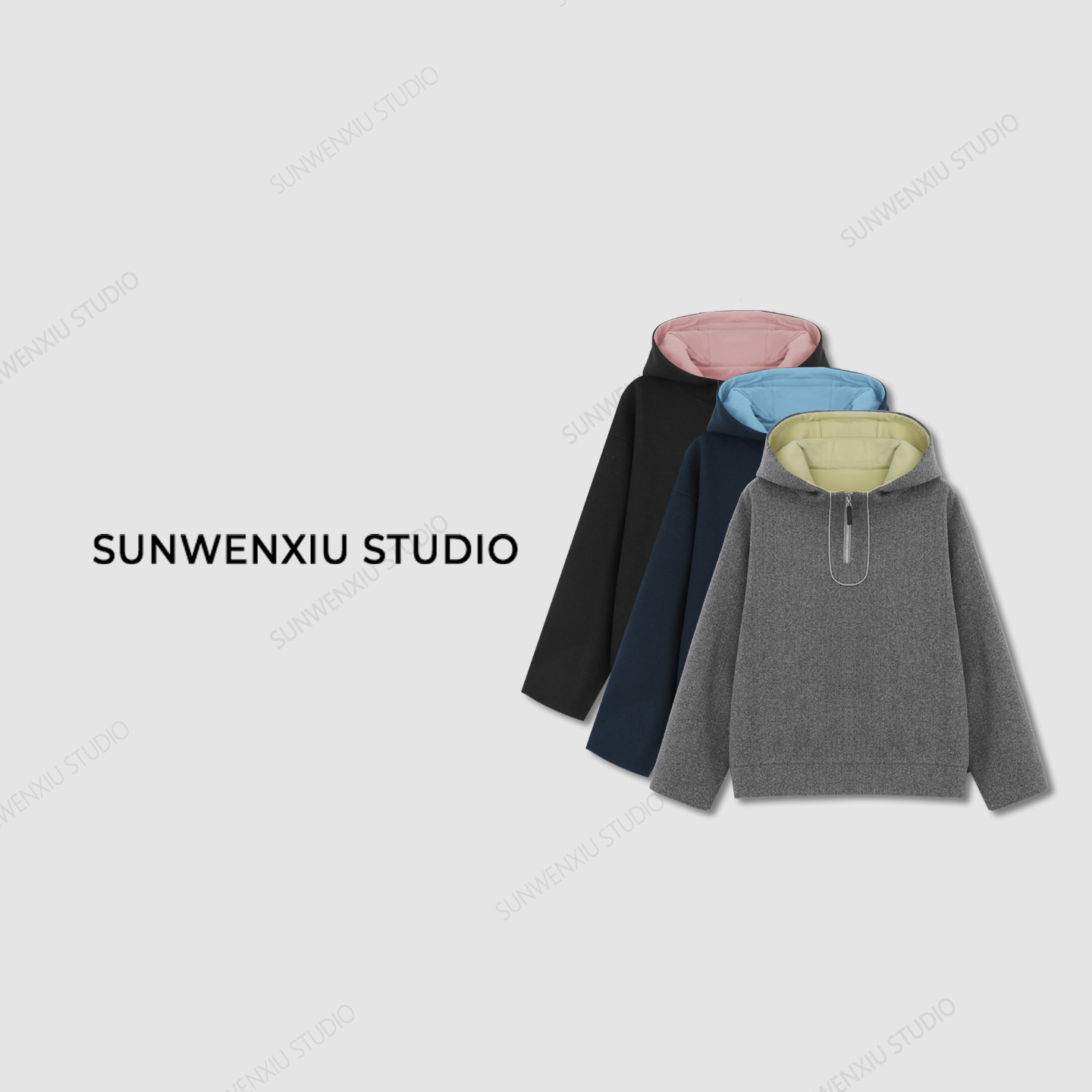 swx studio5店 ”色彩碰撞“重工极简双面绒感撞色半拉链加厚卫衣