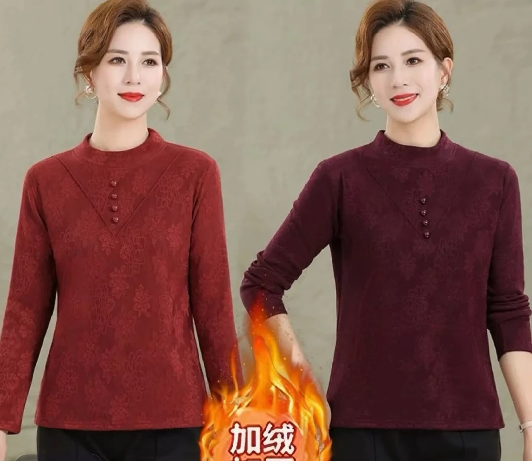 2025冬季加绒加厚大码圆领气质妈妈加厚加大长袖女士打底衫