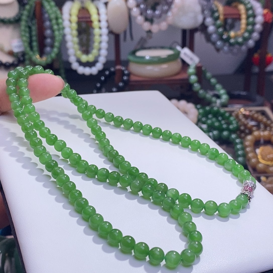 和田玉收藏碧玉俄料老矿料高冰辣绿猫眼珠链6m未镶嵌