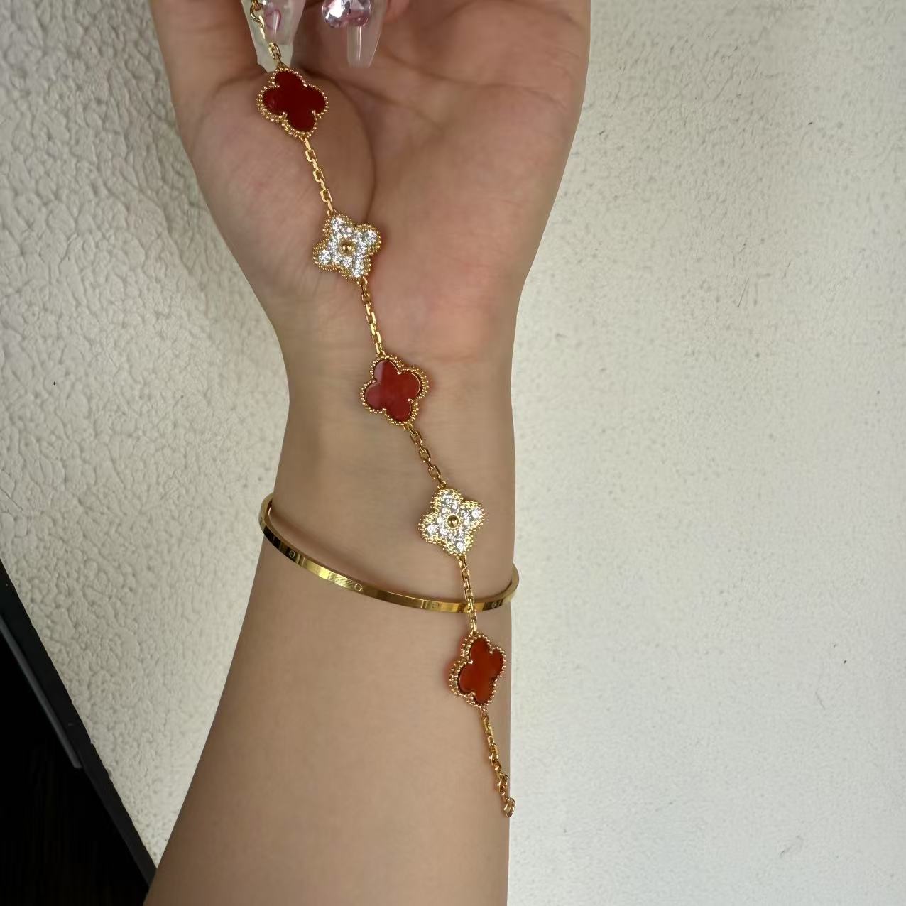 铜合金锆石手链 高版红色间钻5颗花手链310