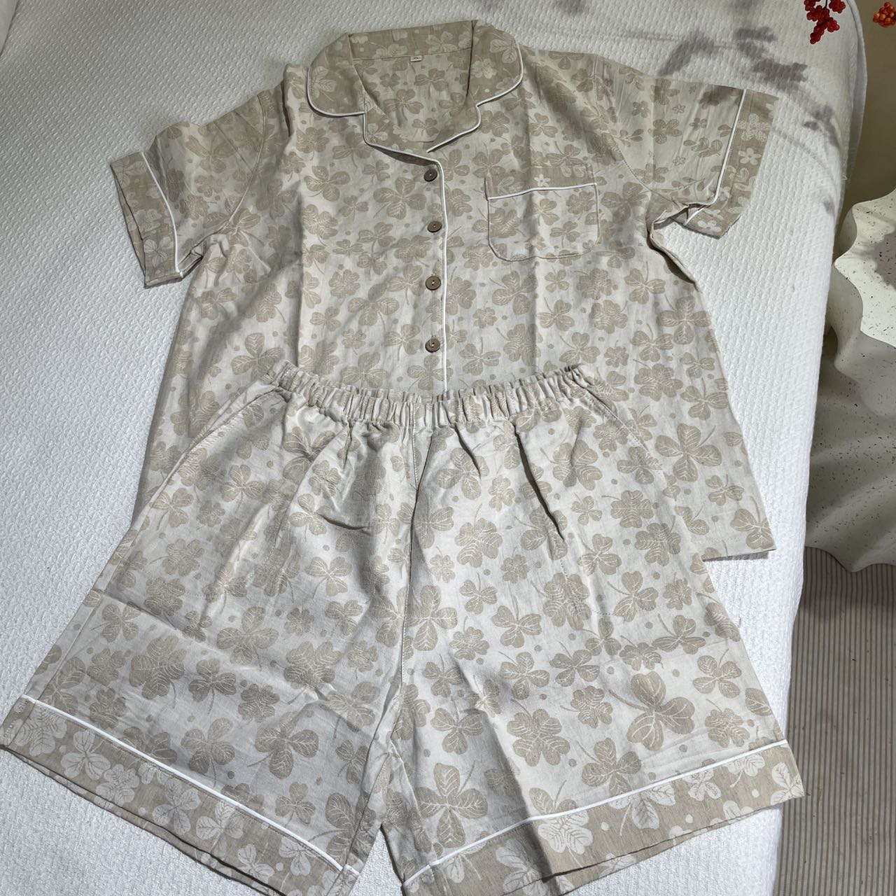 麻小屋-【棉麻女款家居服】透气夏季短袖睡衣家居服