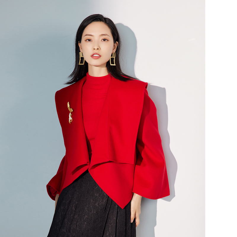 【晨粉专享价】【斗篷式短大衣】粉蓝衣橱商场同款冬装大叠领设计绵羊