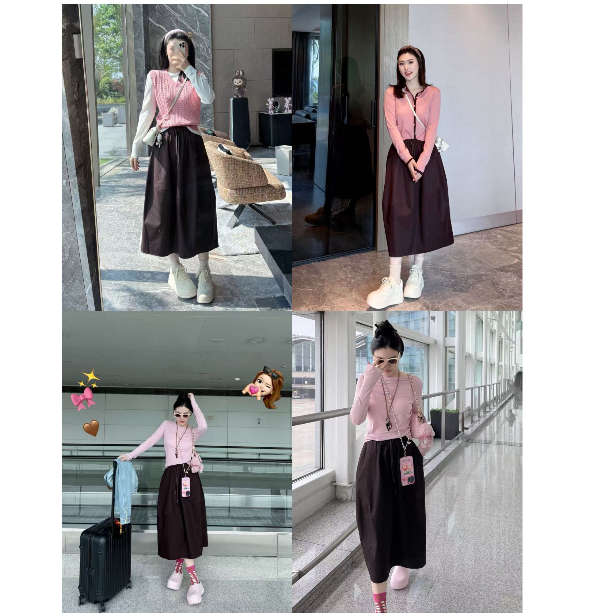 PM王囡囡 巧克力色拼接半身裙A字高腰半身裙 ND1C1528