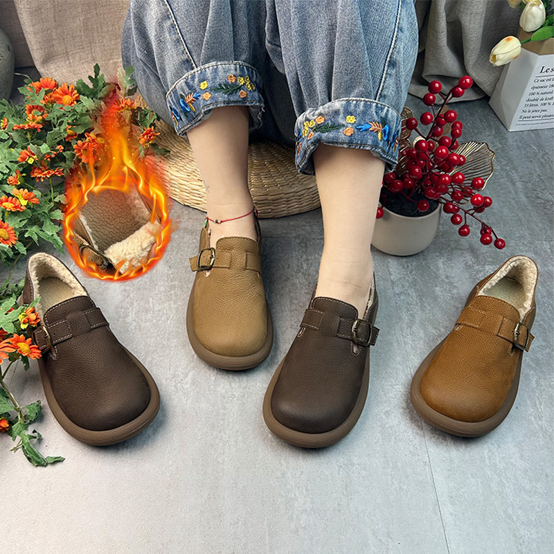 2025新款冬季头层牛皮百搭休闲厚底复古软底女鞋020-93加绒