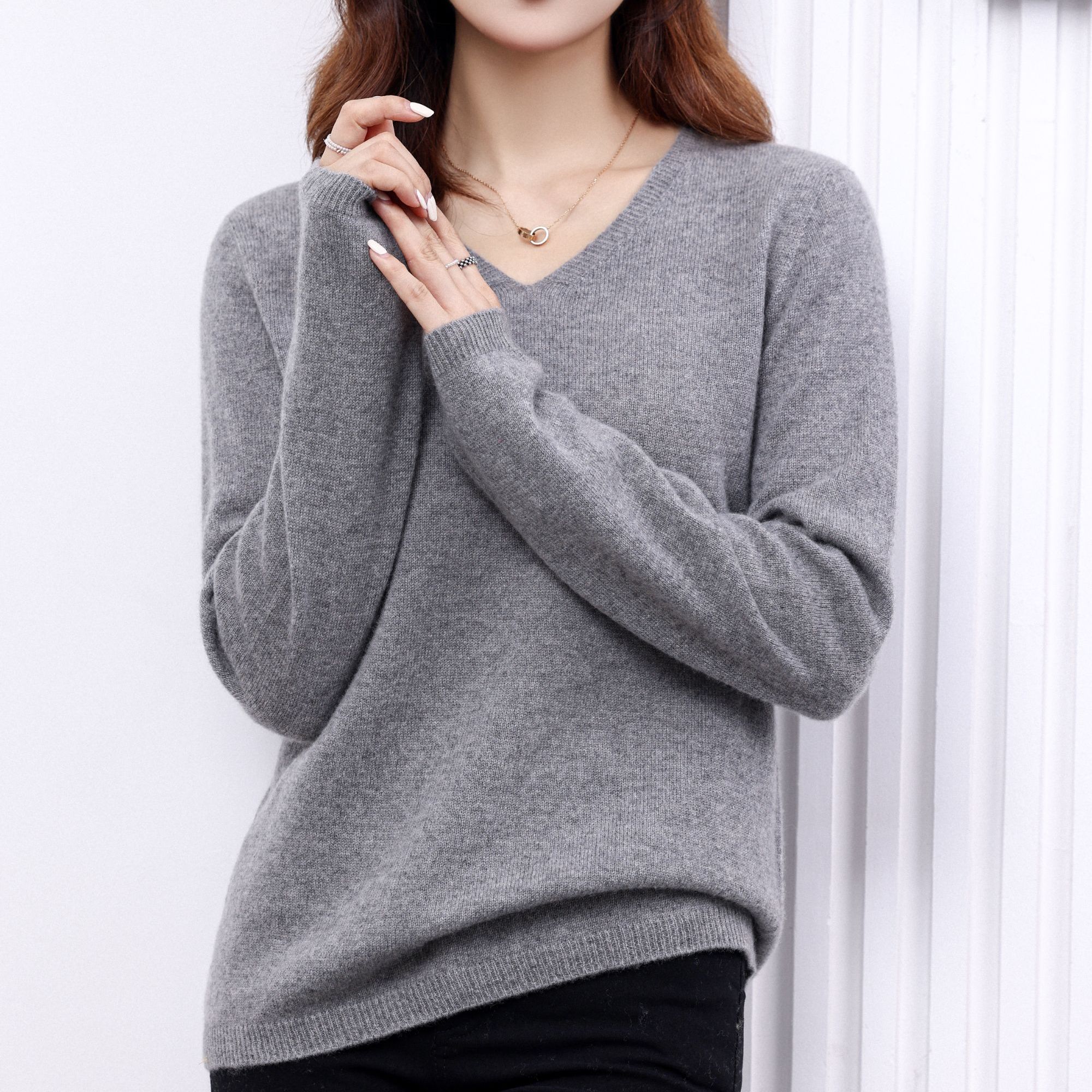 【甄织澜】V领纯色一线成衣羊绒衫【100%山羊绒】宽松针织衫865