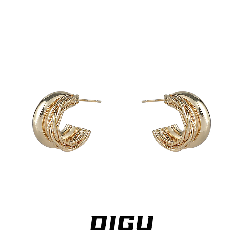 嘀咕家 铜合金耳饰 独特双层编织金属耳圈法式圆圈耳环日常耳饰
