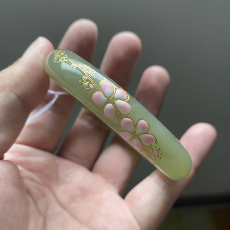 和田玉彩绘清水桃花人工精雕冰透女款正品