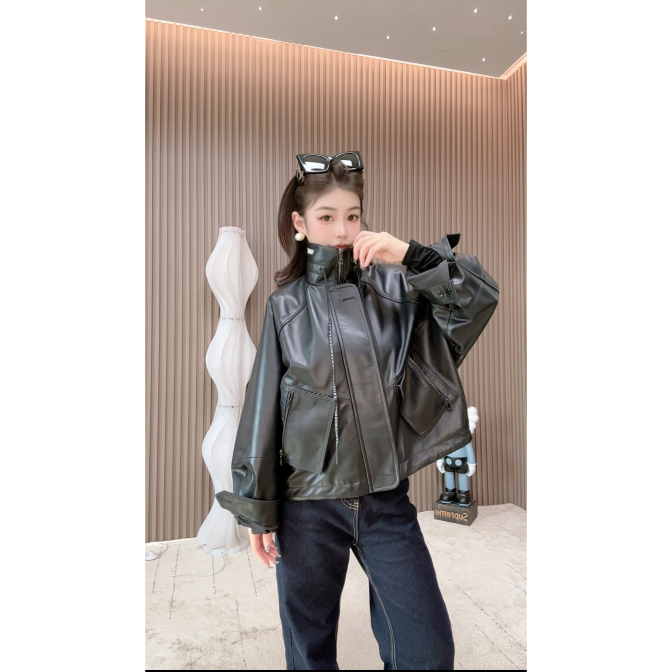 2025海宁真皮皮衣女短款立领蝙蝠袖绵羊皮女皮夹克外套潮