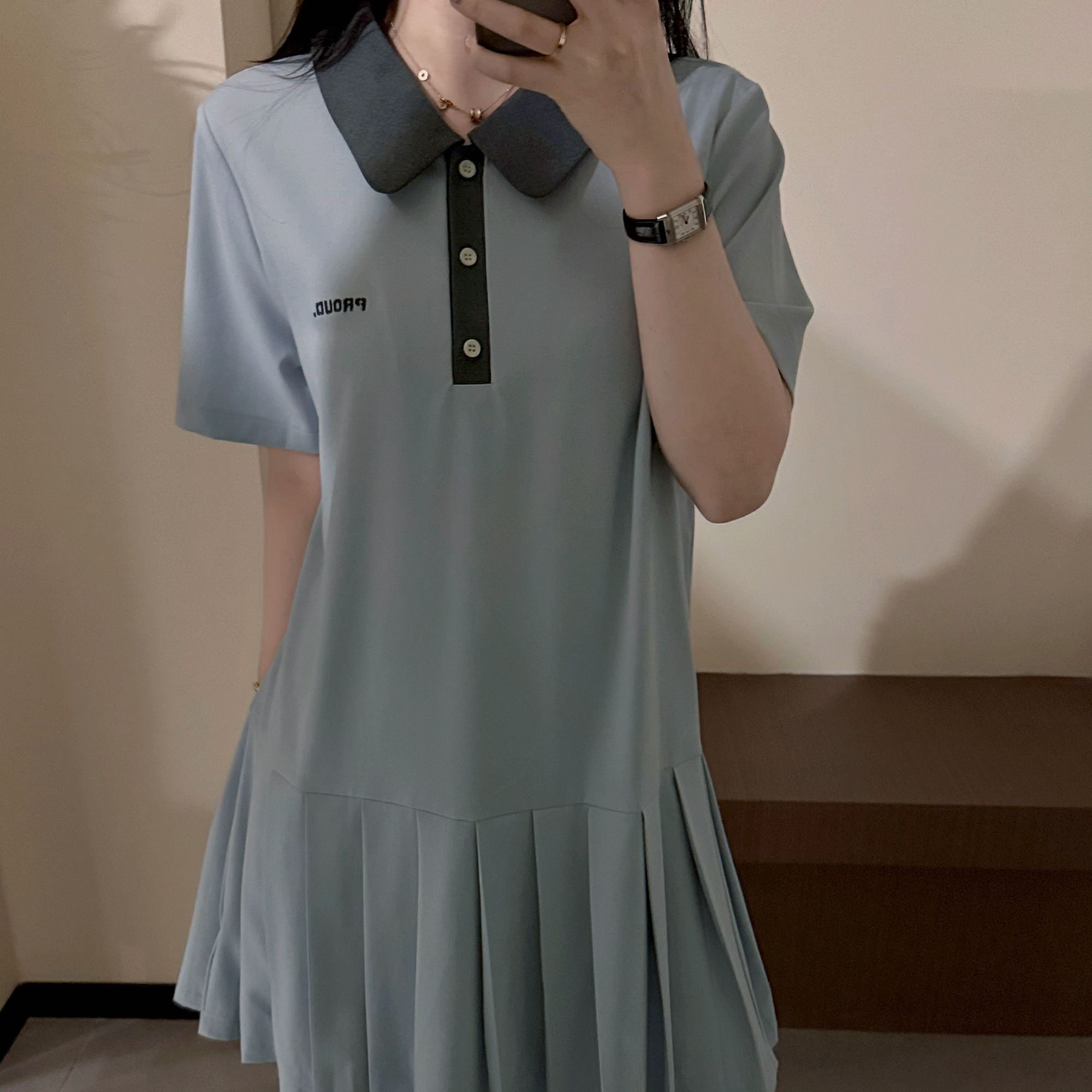 今婷韩系休闲气质时尚舒适夏季宽松拼色翻领百褶连衣裙-M25212350