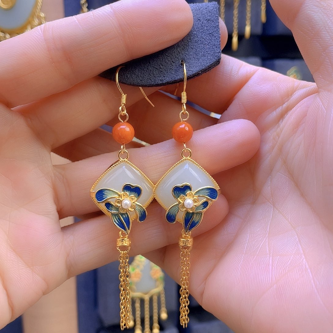 和田玉耳饰银S925镀金镶嵌