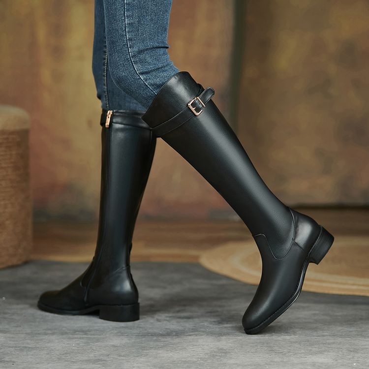 秋冬高筒骑士靴时尚真皮粗跟加绒高跟过膝长筒冬季长靴高筒靴