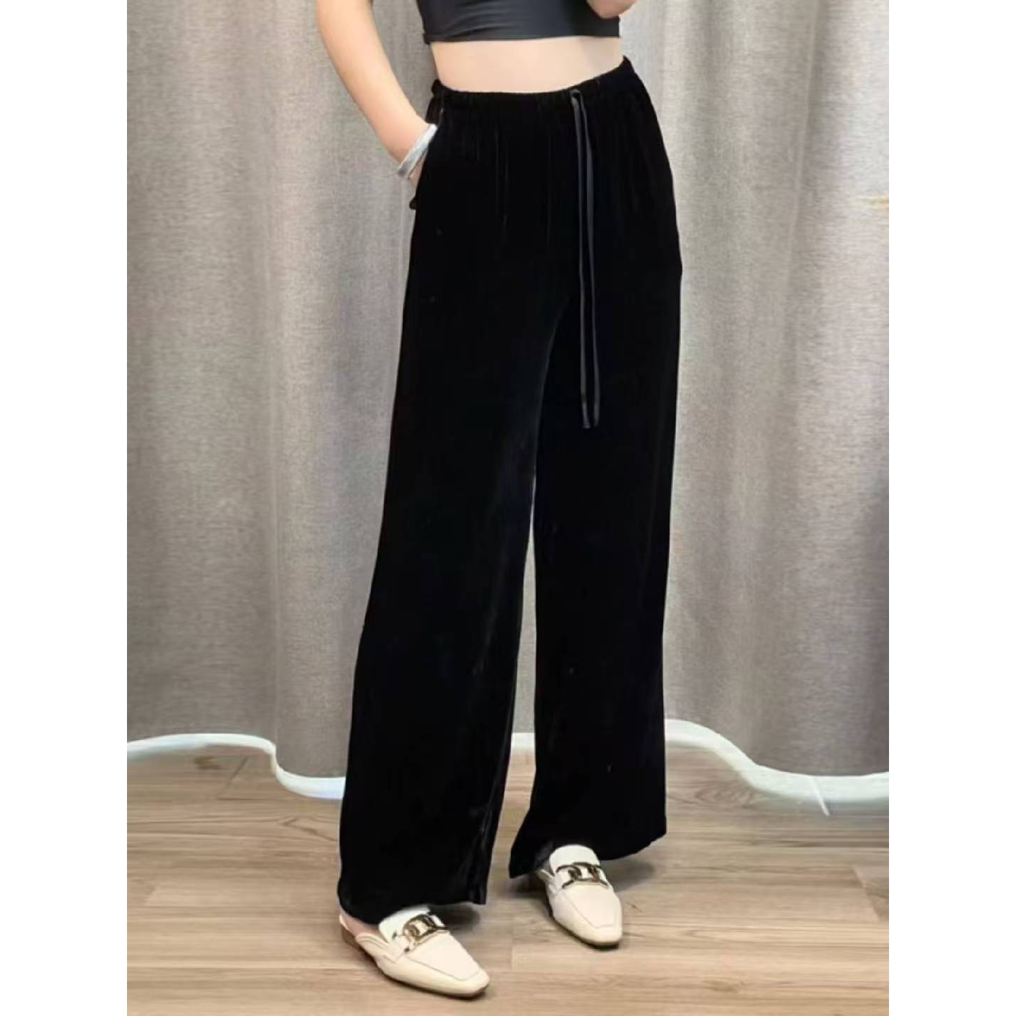 真丝丝绒直筒棉裤女裤高腰垂感宽松百搭秋冬长裤