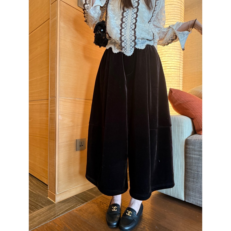 八分裤秋冬休闲裤高腰收腹阔腿裤小香风女装洋气拼接