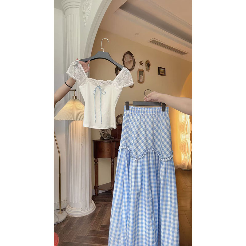 LAOXIAO服饰 【蝉鸣盛夏】清凉时尚套装高级感格纹显瘦吊带套装082