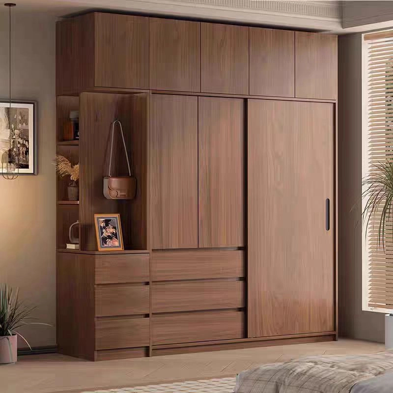 橡木衣柜推拉门卧室家用全原木实木北欧新款胡桃色家具滑移门柜子