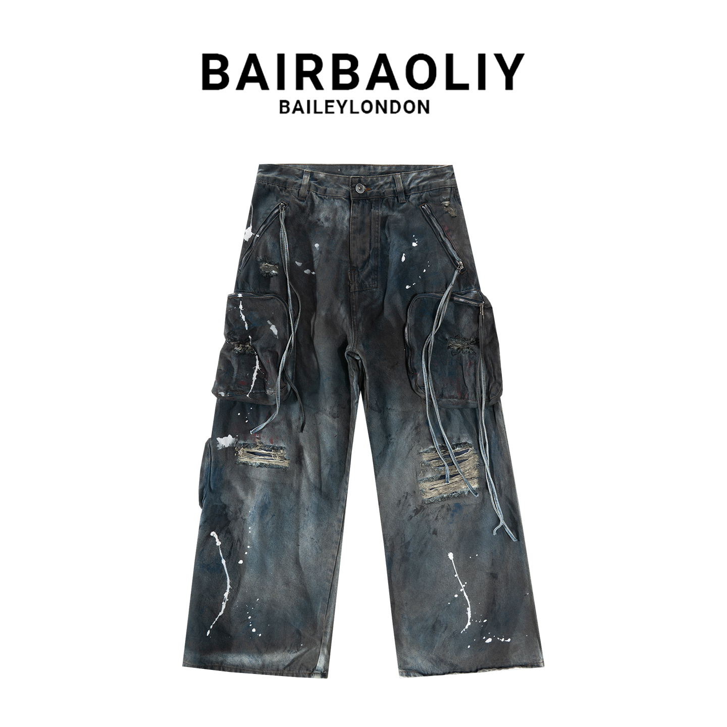 BAIRBAOLIY潮牌重工涂鸦多口袋工装牛仔裤男宽松脏染小众百搭长裤