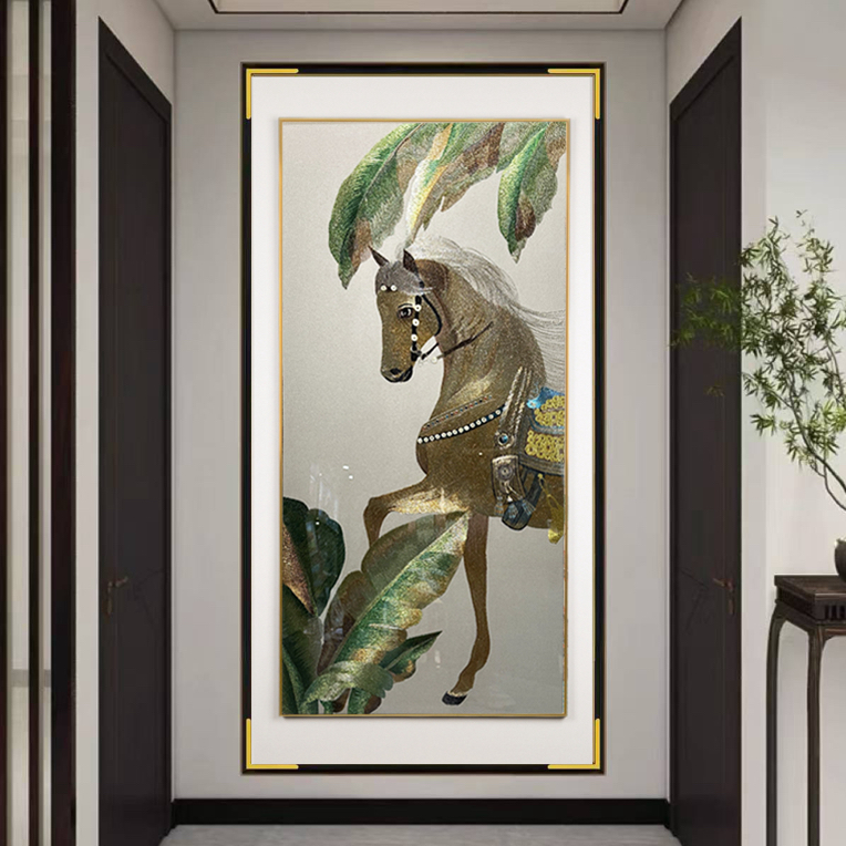 新中式马到成功刺绣织锦绣高端双框客厅玄关背景装饰画