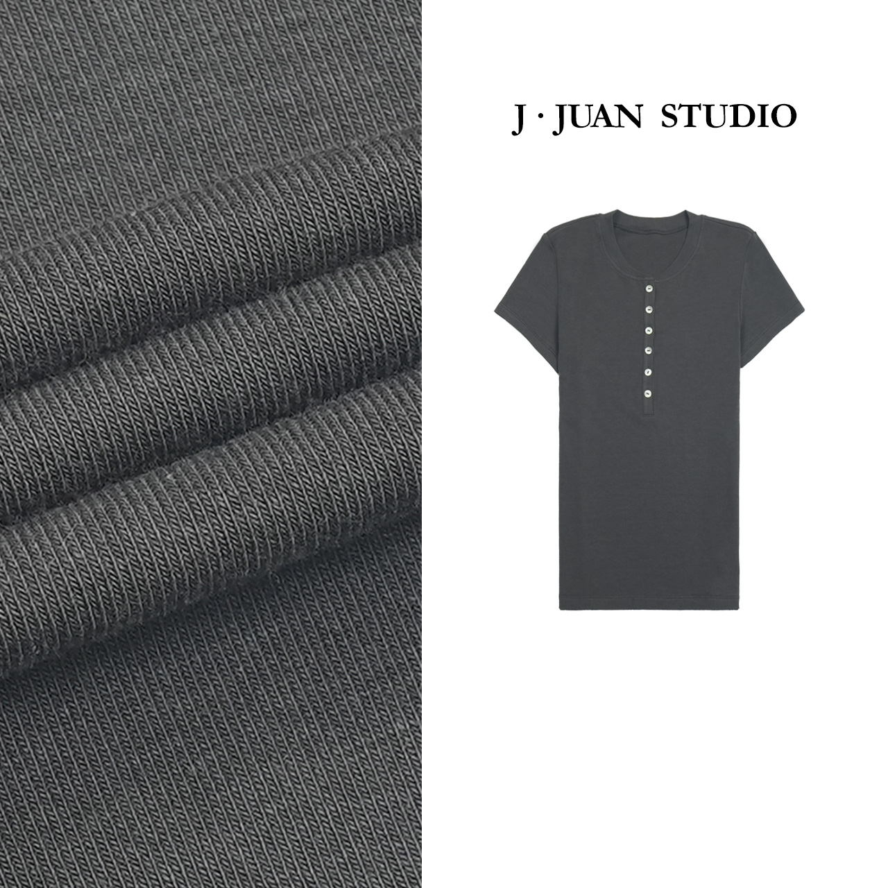 【J.Juan】彩调亨利-夏季亨利领短袖T恤高个子女装合身显瘦高弹打底