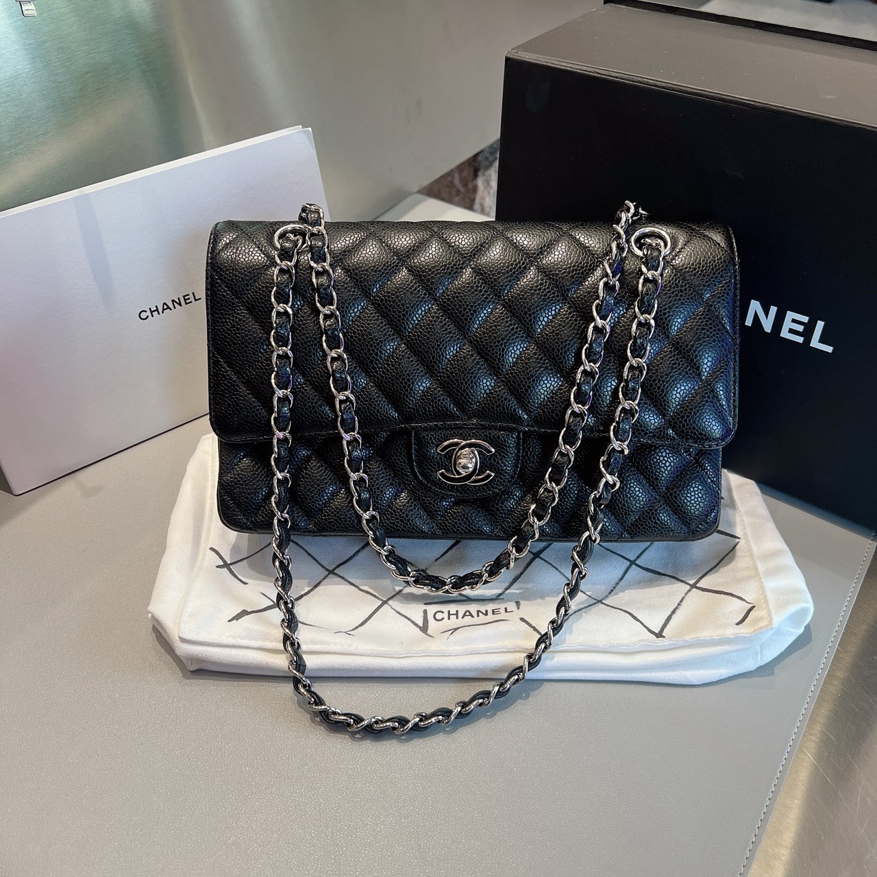 99新 Chanel/香奈儿  30开 cf中号 黑银 黑色经典时尚小香风单肩