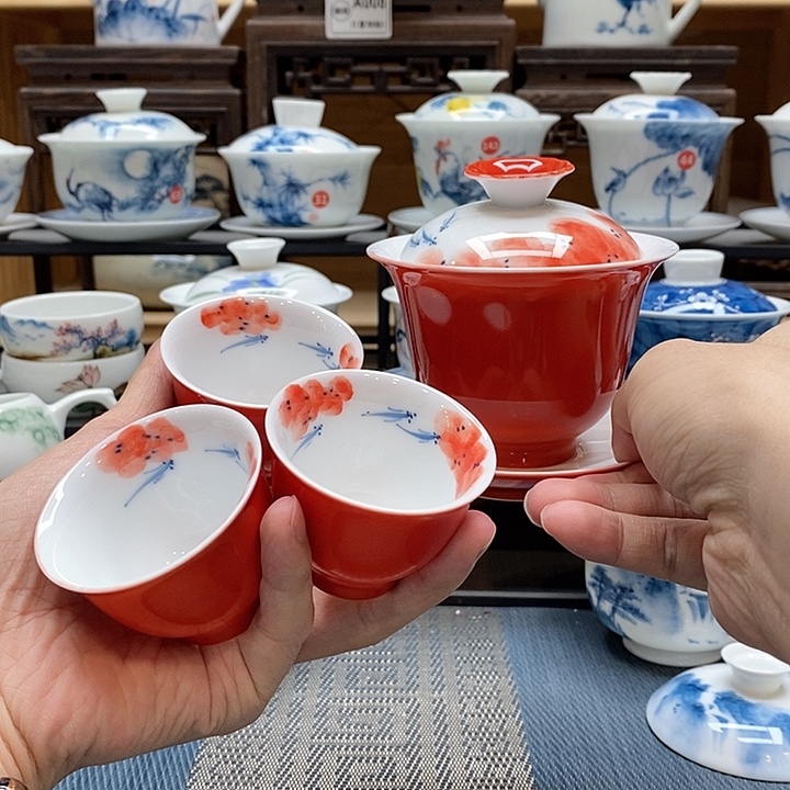 手绘龙船花盖碗160cc➕同款三杯釉下彩微瑕福利款