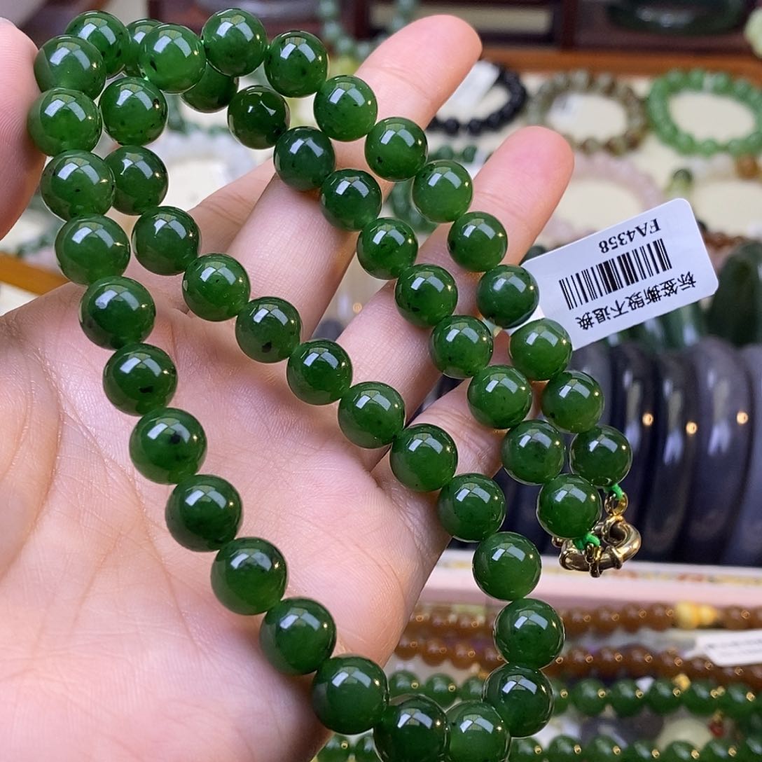 颈饰未镶嵌和田玉毕业级老坑料碧玉高冰妈妈链10m