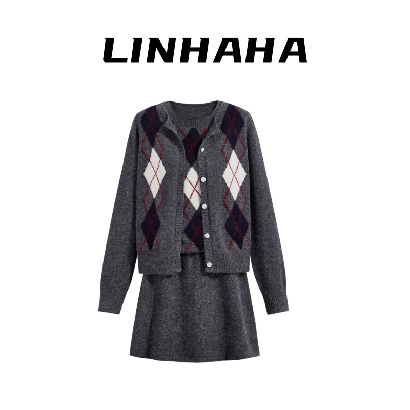 秋季新款学院风套装休闲菱格针织开衫背心复古A字半身裙三件套女