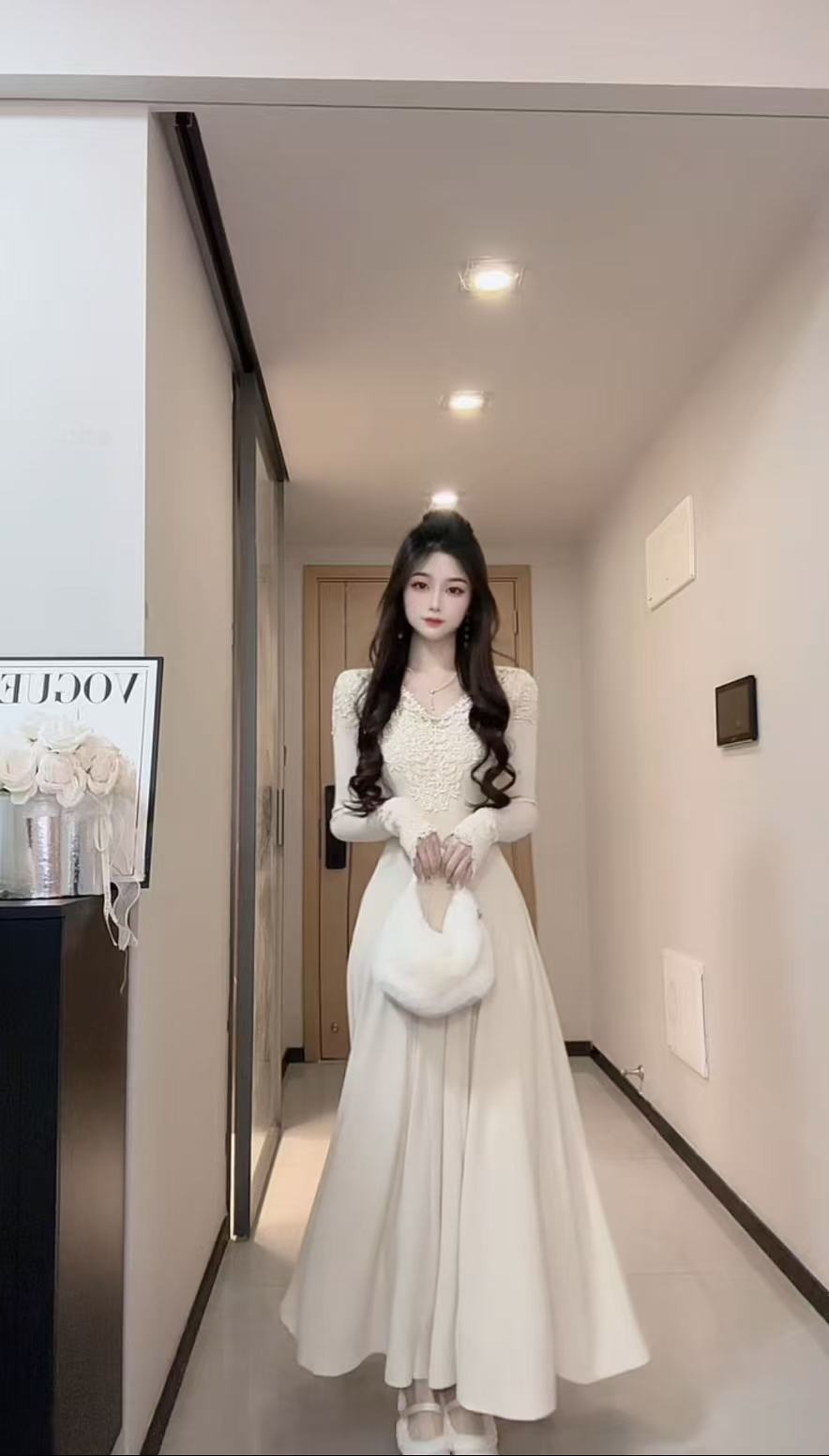 冬季加绒法式温柔风名媛拼接长袖气质针织收腰长裙