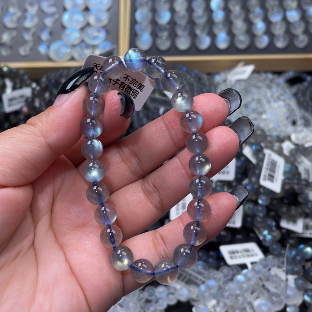 拉长石手链未镶嵌?***糯冰透体灰月光手链8mm
