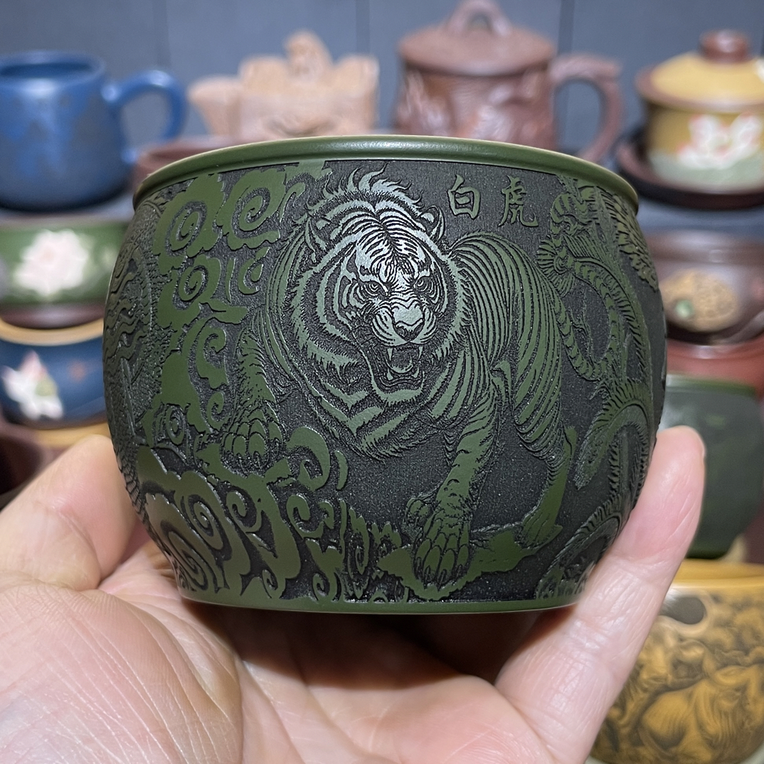 原矿紫砂绿泥浮雕双层四大神兽主人杯纯手工150cc防烫手水缸茶杯
