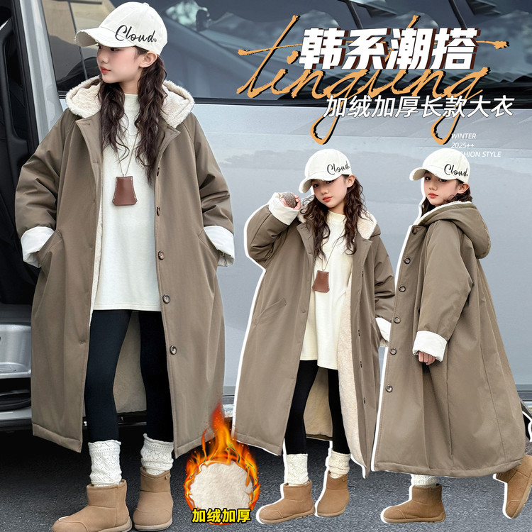 女童中大童冬季韩版时髦洋气加绒加厚保暖慵懒连帽长款过膝棉服潮