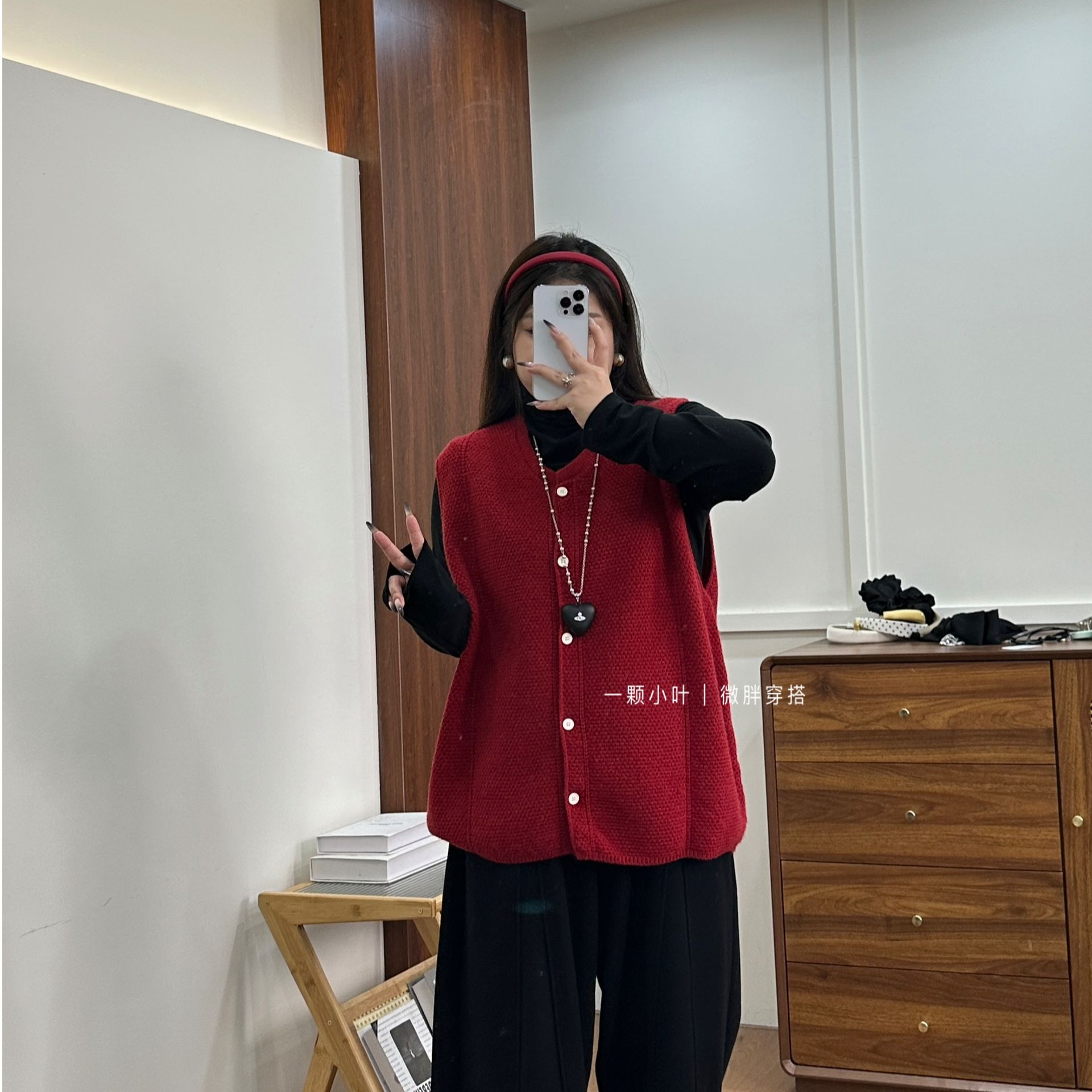 【一颗小叶】秋冬微胖宽松复古温柔华夫格毛衣马甲叠穿8899