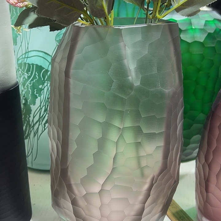 手工艺品琉璃粉色磨刻花瓶花器高28口10