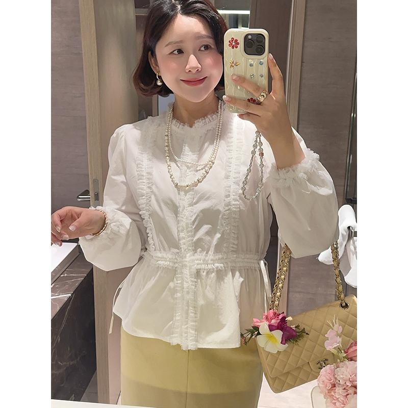 【双11清仓】【棉莱甜衫】春季白搭木耳边系带收腰长袖衬衫Z525X01738