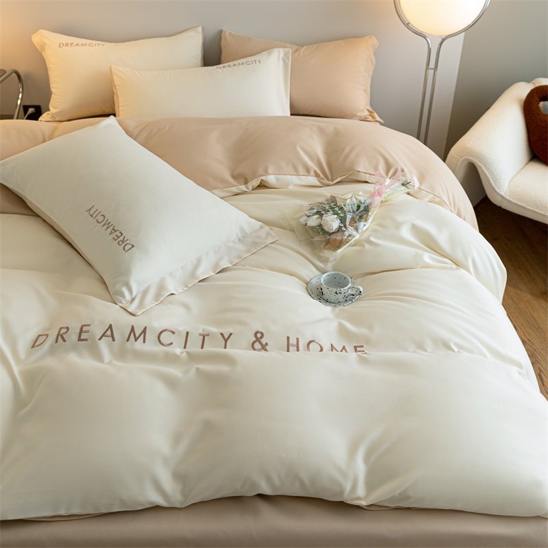 刺绣纯色床上用品四件套床单被套家用双人被罩宿舍轻奢简约单人