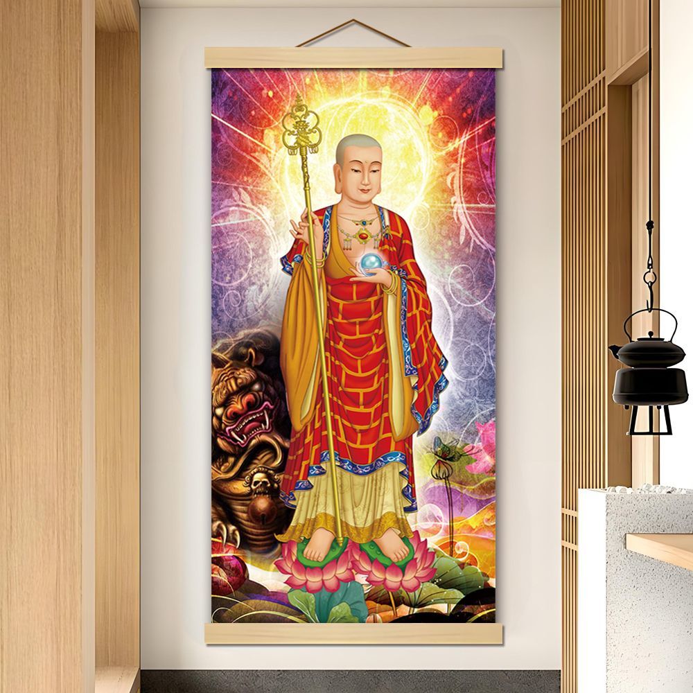 地藏王菩萨画像挂画像丝绢布防水印刷佛堂供奉书房茶室玄关装饰画