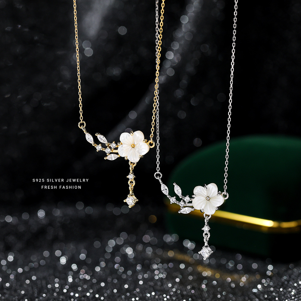 坠链均925银 s925纯银桃花闪锆项链女日系文艺甜美清新气质简约