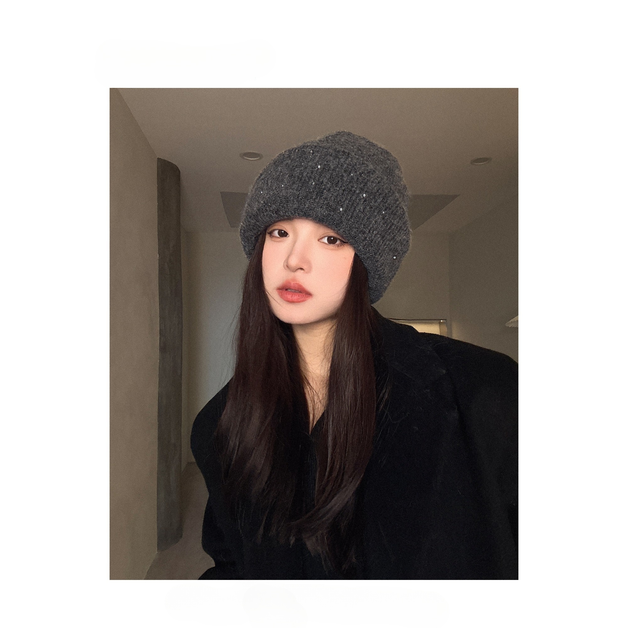 含羊毛秋冬毛线堆堆帽大头围百搭休闲冷帽保暖帽子女针织网红护耳