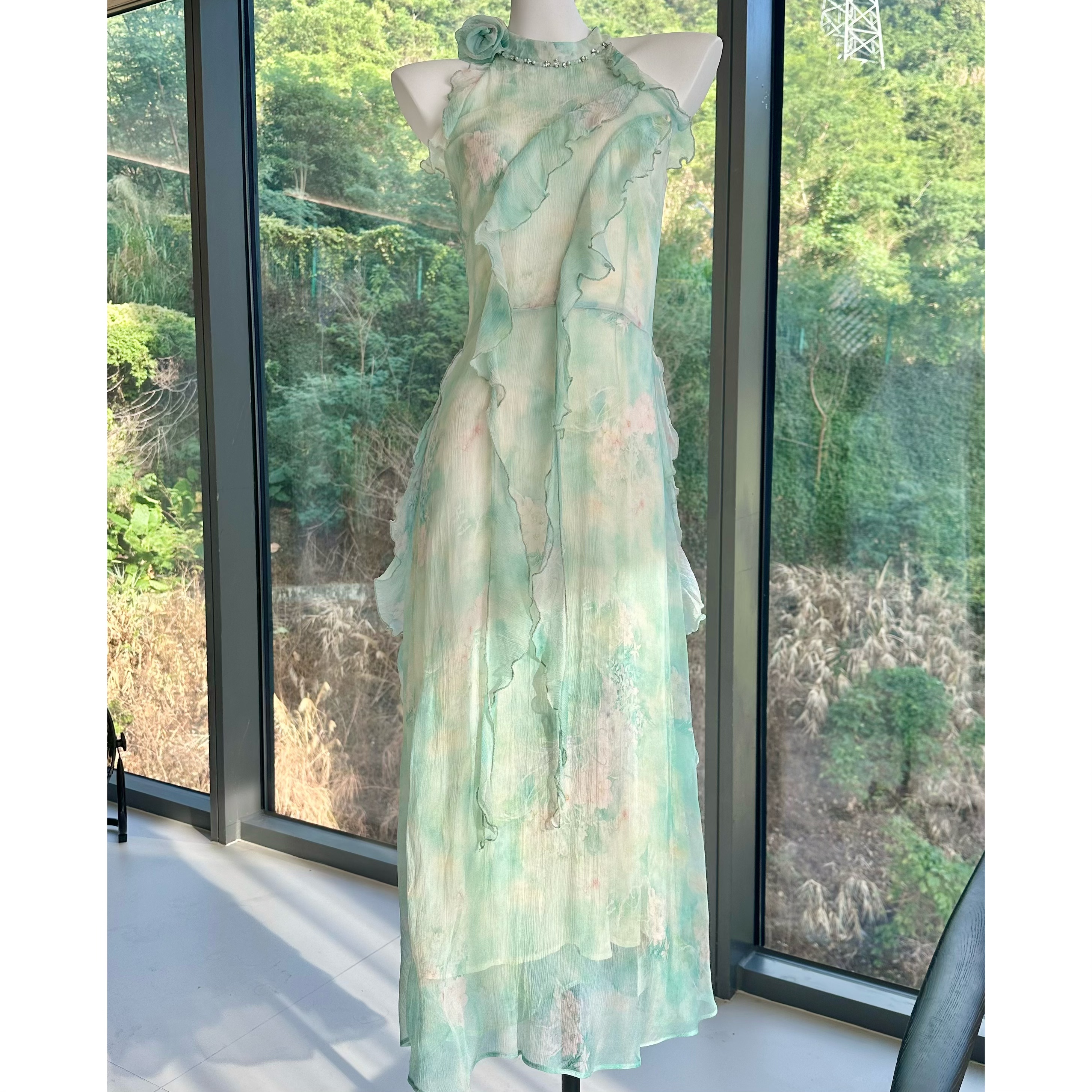 新 【只此青绿】百分100桑蚕丝连衣裙H9010