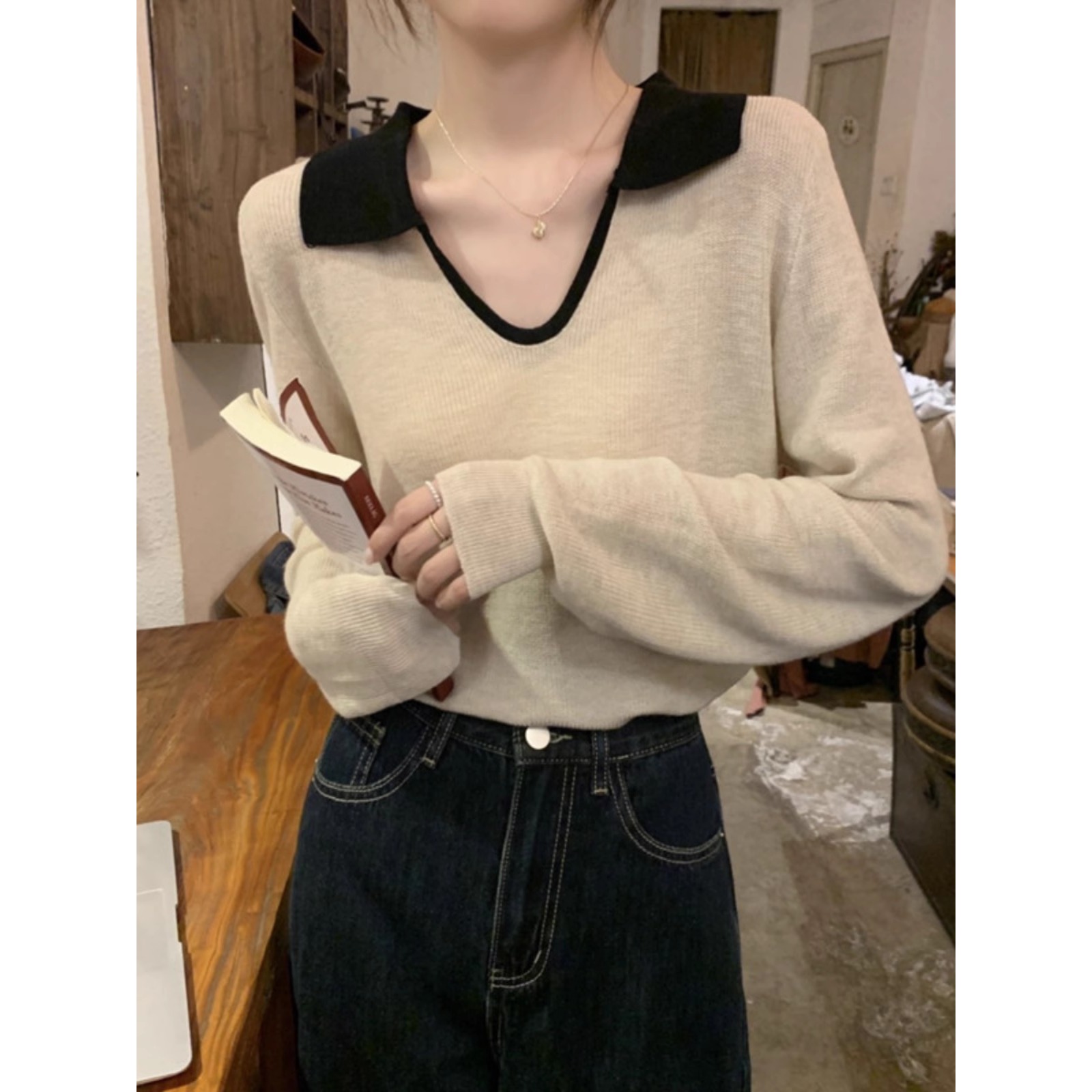 2024洋气拼色针织衫女士秋冬薄款宽松V领毛衣撞色打底衫上衣F6-44